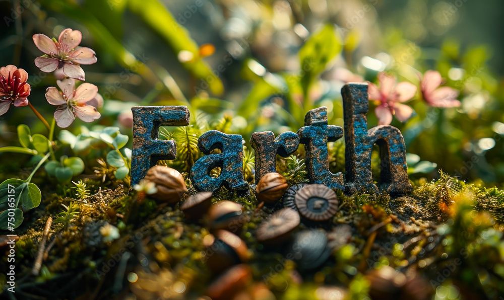 Fototapeta premium The word Earth emerges in vibrant blue letters adorned with moss and small flowers, set amidst a lush background of greenery and walnut seeds, symbolizing environmental awareness and nature's growth