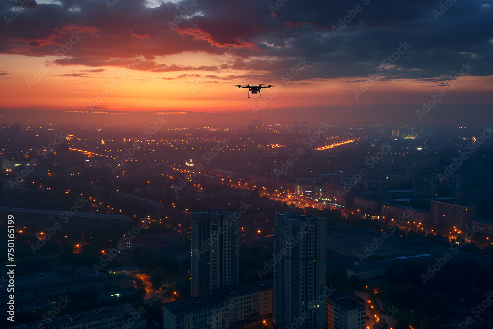 Fototapeta premium Copter drone over city at sunset or sunrise. Neural network generated image. Not based on any actual scene or pattern.