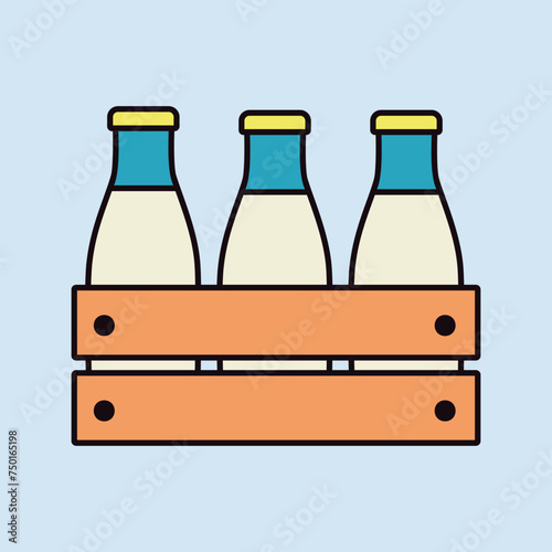 Milk wooden box. Milk bottles crate vector icon