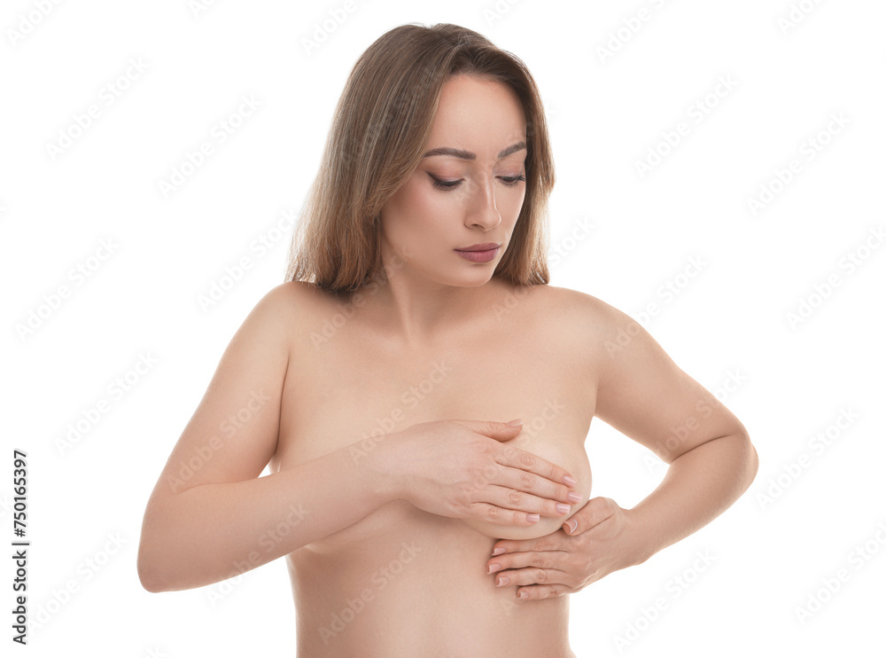 Mammology. Naked young woman doing breast self-examination on white background