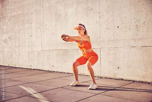 Athletic adult woman doing squat exercise outdoors against concrete wall