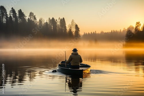 Tranquil fisherman skilfully navigating boat on misty lake at dawn, holding fishing rod