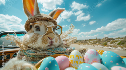 High-end commercial photography of a stylish Easter bunny driving a sports car