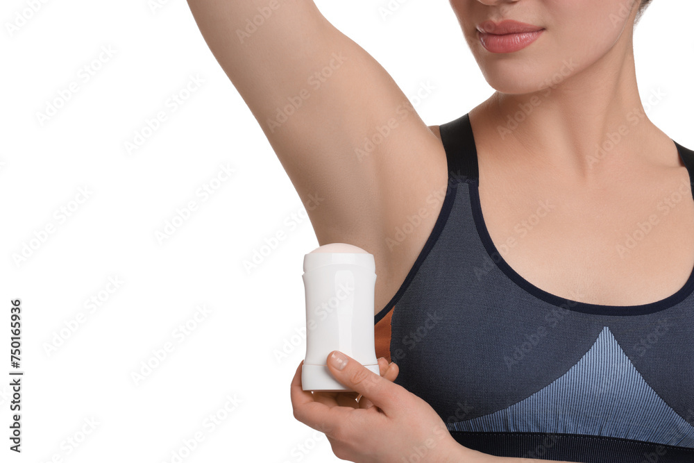 Woman applying deodorant on white background, closeup Woman applying deodorant on white background, closeup