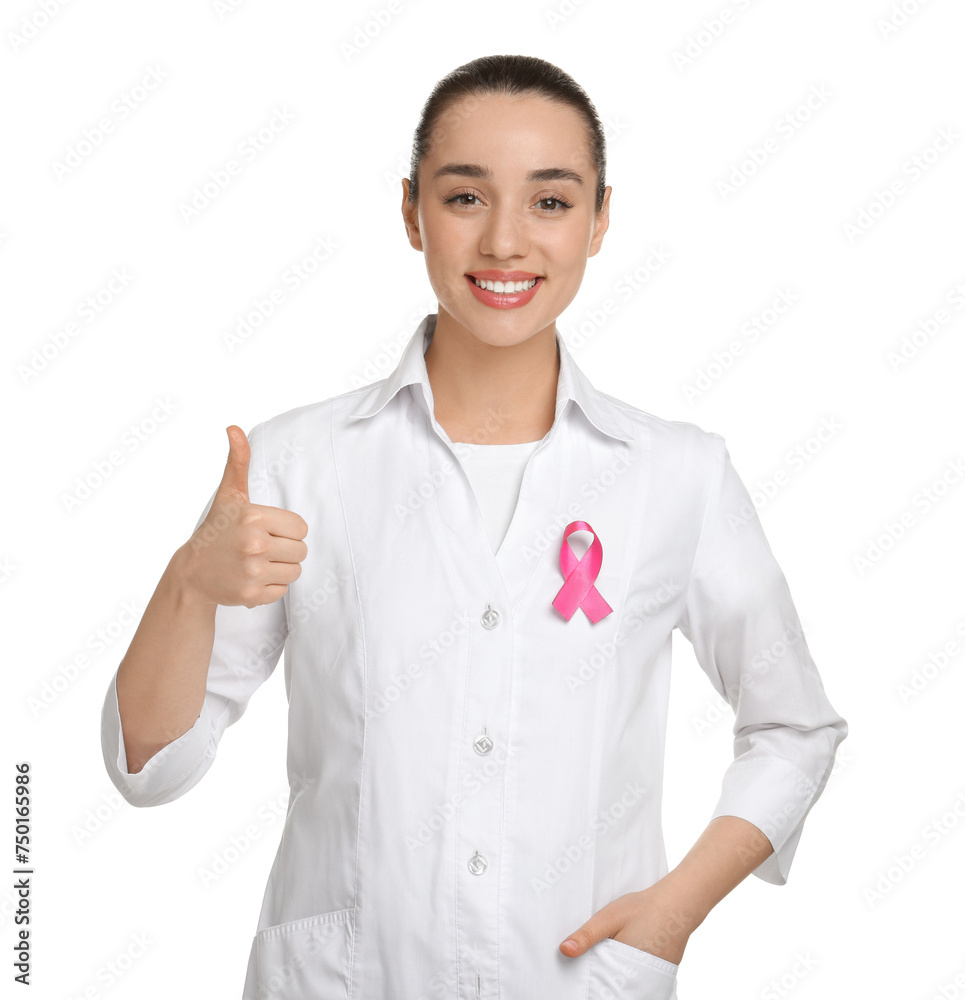 Mammologist with pink ribbon showing thumbs up on white background. Breast cancer awareness Mammologist with pink ribbon showing thumbs up on white background. Breast cancer awareness