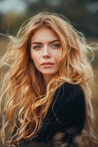 Blonde woman with long curly hair. Selective focus.