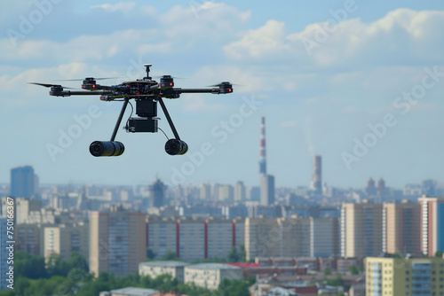 Copter drone carrying a bombs above city at summer day. Neural network generated image. Not based on any actual scene or pattern.