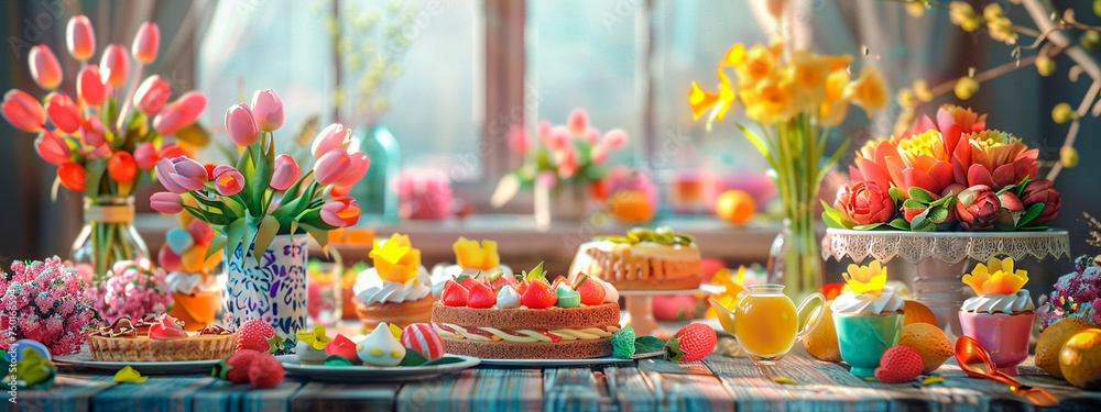 Beautiful Easter cake and eggs on the table. Selective focus.