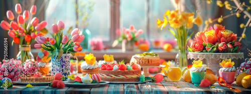 Beautiful Easter cake and eggs on the table. Selective focus. © yanadjan