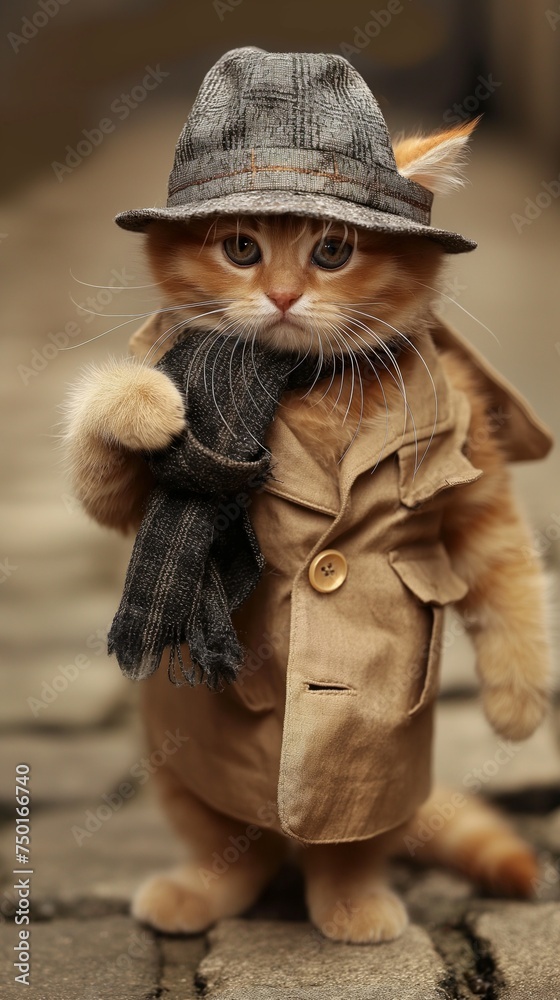 A curious funny cute kitten with piercing eyes dons a detective's outfit, complete with a tweed hat and oversized coat, standing on a cobblestone path