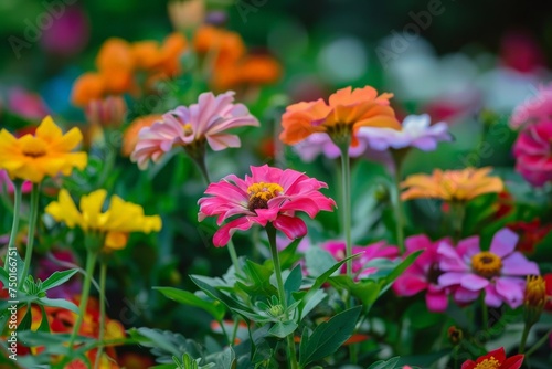 A colorful garden of flowers with a variety of colors including pink  yellow