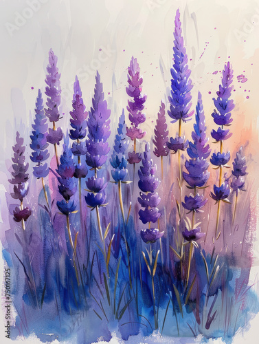 Colorful lavender flowers watercolor illustration isolated 
