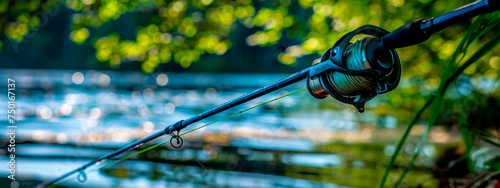 Fishing rod on the lake. Selective focus.