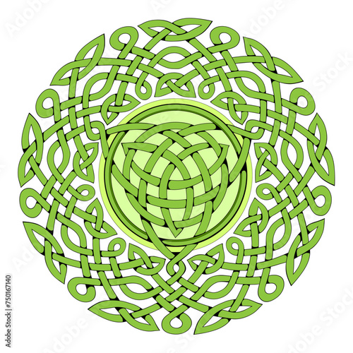 Celtic knot pattern. Fantasy Celtic magic sign drawing. Ethnic print for logo, icon, tattoo, jewelry, badge. Green geometric circle decoration. Ancient Irish symbol. Flat vector illustration.