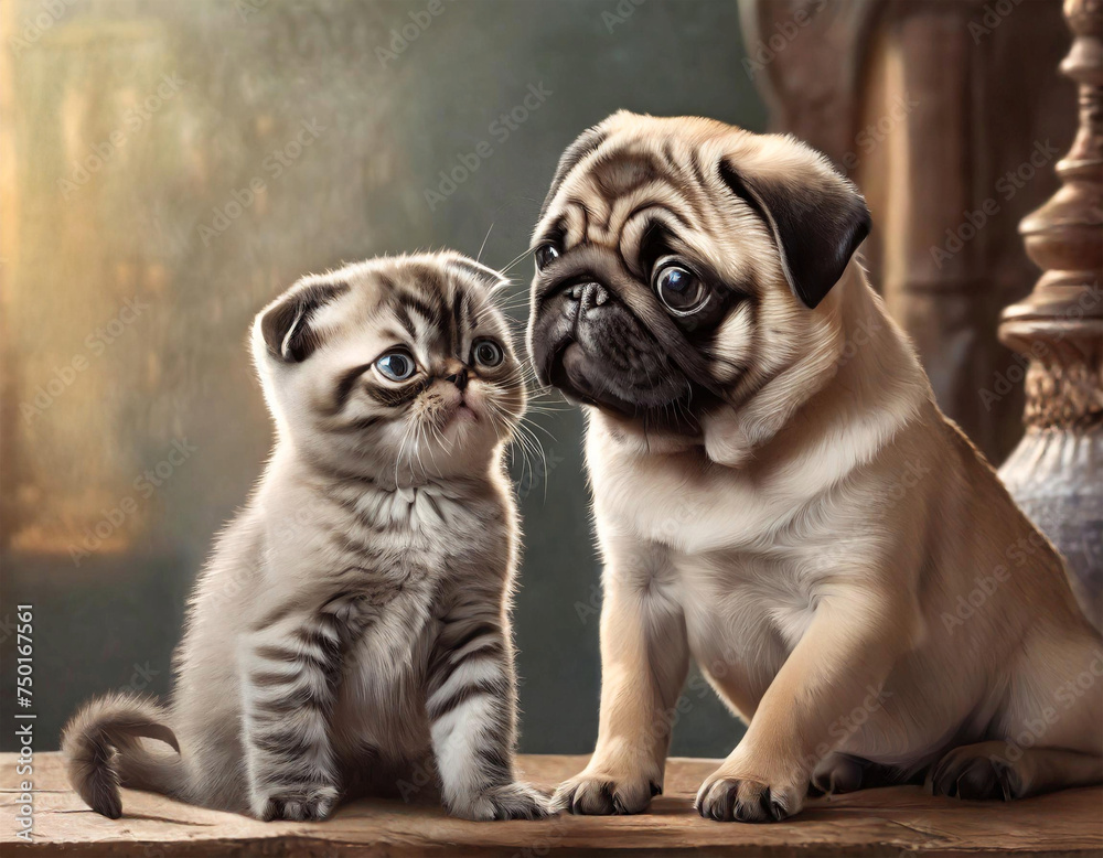 Kitten playing with a pug, illustration.