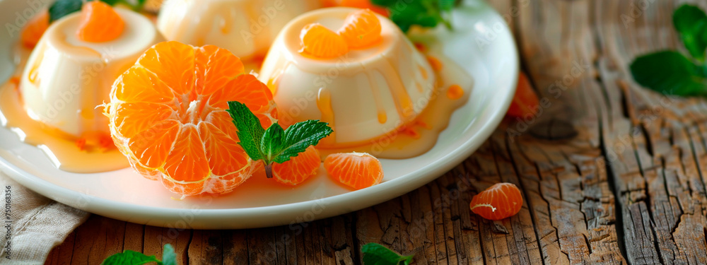 Panna cotta with tangerines. Selective focus. Panna cotta with tangerines. Selective focus.