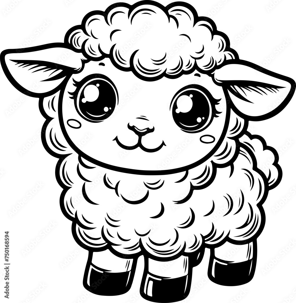 Cute baby sheep black outline vector illustration. Coloring book for kids.
