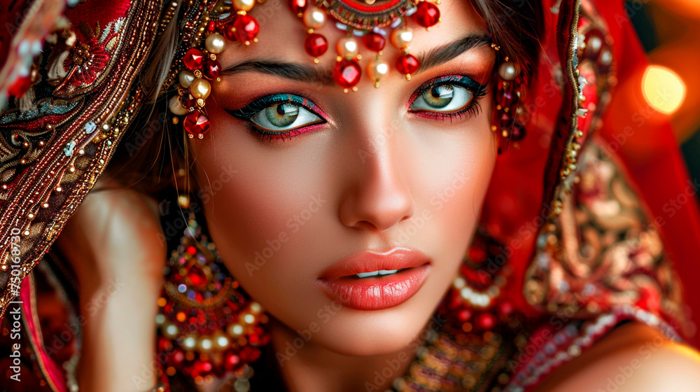 Portrait of a beautiful Indian woman wearing jewelry. Selective focus. Portrait of a beautiful Indian woman wearing jewelry. Selective focus.