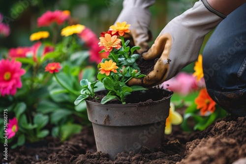 A person is planting a flower in a pot