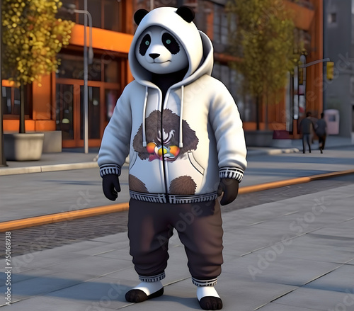 A panda in a sweatshirt is walking on the street, Ai Generated