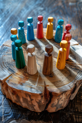Diversity equity and inclusion concept. People figures in the circle. Team work, diverse culture. Copy space and selective focus. wood,. High quality photo