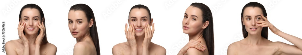 Beautiful woman with perfect smooth skin on white background, collage of photos Beautiful woman with perfect smooth skin on white background, collage of photos