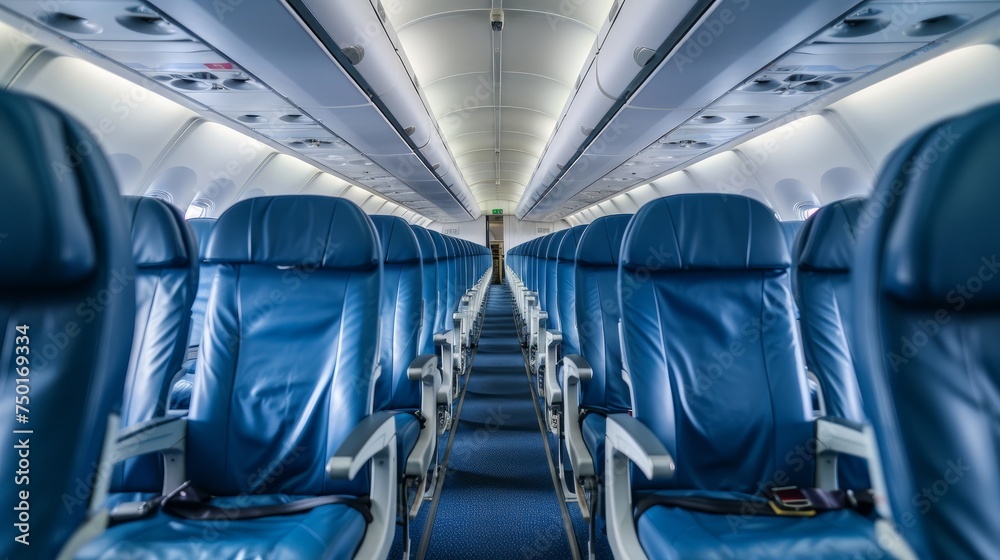 Rows of seats line the interior of an airplane cabin, forming the organized layout for passengers during the flight
