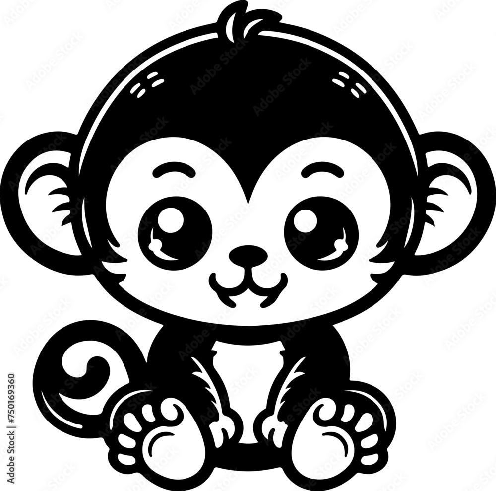Obraz premium Cute baby monkey black outline vector illustration. Coloring book for kids.