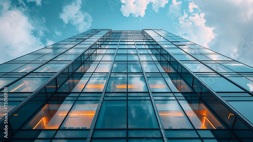 palazzo per  uffici moderno con cielo blu e facciate di vetro. Economia, finanze, concetto di attività commerciale, visto dal basso verso l'alto photo