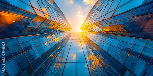 palazzo per uffici moderno con cielo blu e facciate di vetro. Economia, finanze, concetto di attività commerciale, visto dal basso verso l'alto
