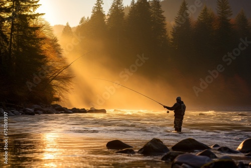 Skilled angler reeling in sizable catch from river using spinning rod - fishing adventure in nature