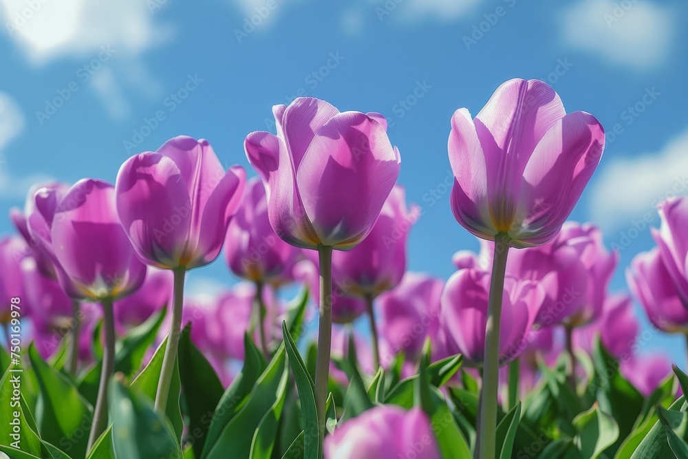A field of purple flowers with a blue sky in the background