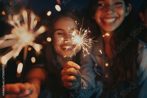 Two women are holding lit sparklers and smiling