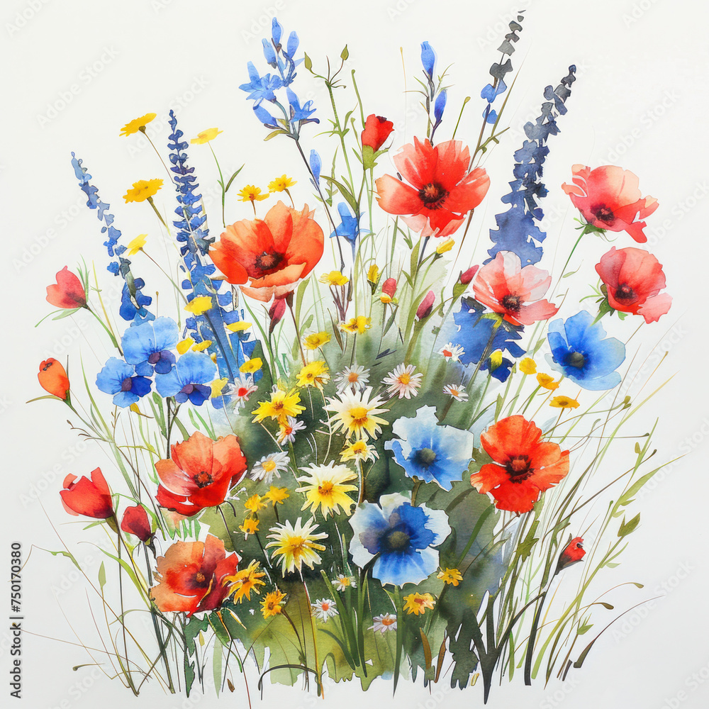 beautiful wildflowers watercolor illustration isolated 