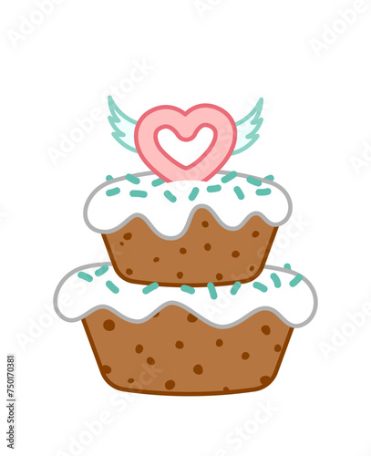 Big cake with flying heart. Valentines day. Cartoon, vector