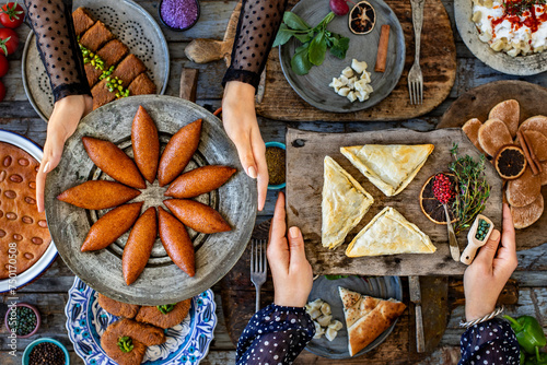 Dining table with may meals from antakya . İftar table before şeker bayramı . 