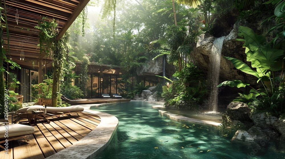 luxury resort with pool and tropical waterfall