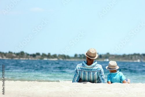 A happy father with a child by the sea in nature weekend travel