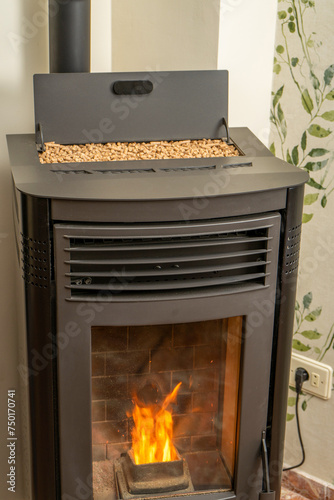 Vertical image of a modern pellet stove with the hopper full to overflowing, ecological and sustainable heat, renewable energy