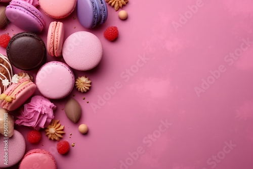 Assorted colorful macarons and berries on pink