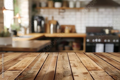 Empty wood table and kitchen blur background with bokeh image.