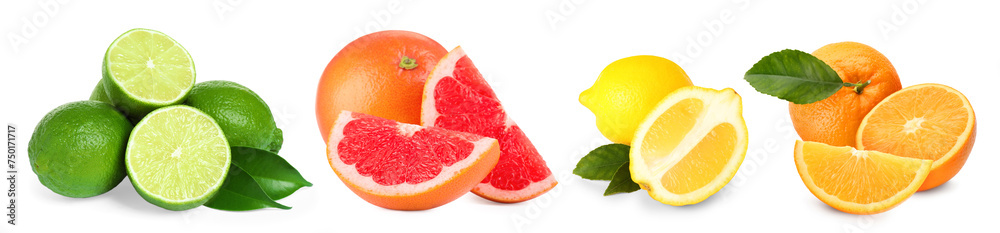 Different fresh citrus fruits isolated on white, set Different fresh citrus fruits isolated on white, set