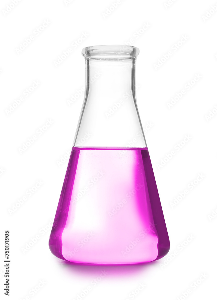 Conical flask with pink liquid isolated on white. Laboratory glassware Conical flask with pink liquid isolated on white. Laboratory glassware