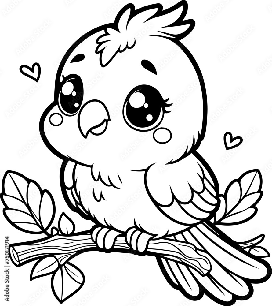 Fototapeta premium Cute baby parrot black outline vector illustration. Coloring book for kids.