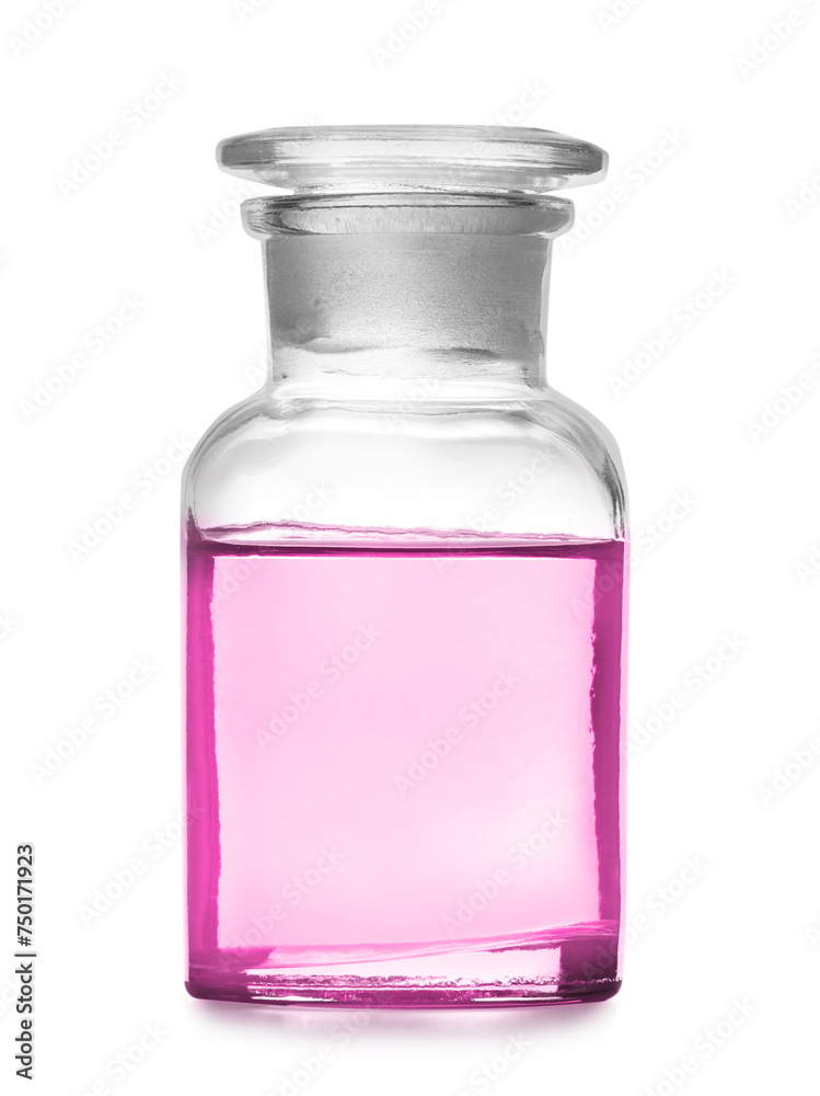 Reagent bottle with pink liquid isolated on white. Laboratory glassware Reagent bottle with pink liquid isolated on white. Laboratory glassware