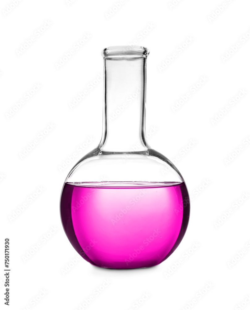 Boiling flask with pink liquid isolated on white. Laboratory glassware Boiling flask with pink liquid isolated on white. Laboratory glassware