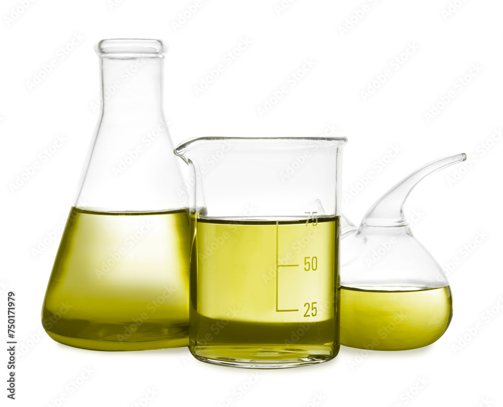 Laboratory glassware with yellow liquid isolated on white Laboratory glassware with yellow liquid isolated on white