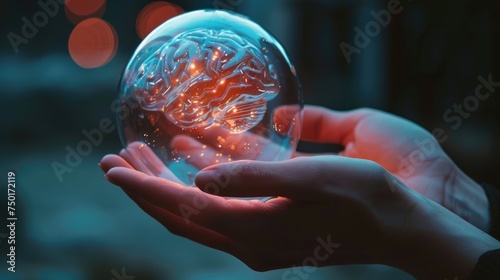 Hands cradling a glowing artificial brain