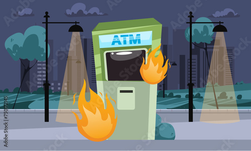 Street ATM burn finance crisis concept. Vector graphic design illustration