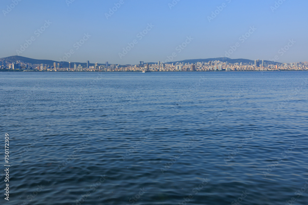 View from the water to buildings in the city of Istanbul 